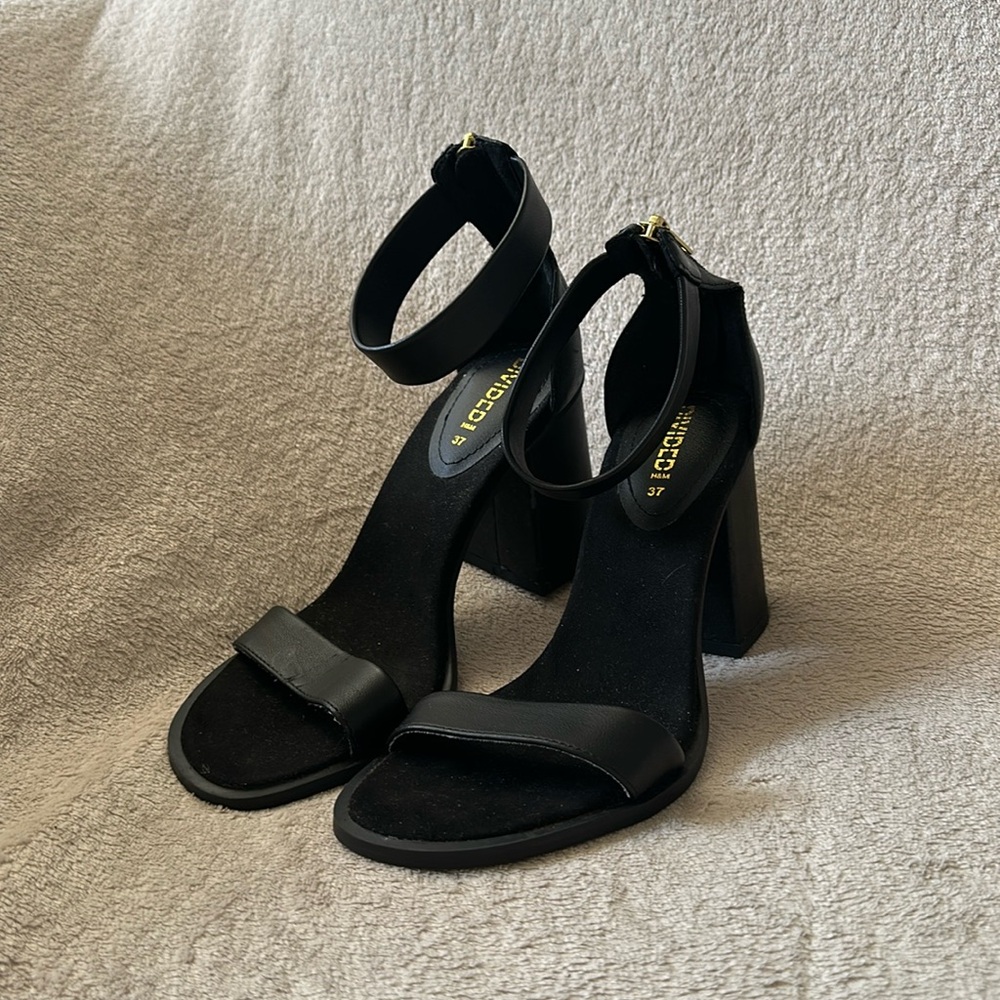 Black Block Heels with Ankle Straps - Size 37